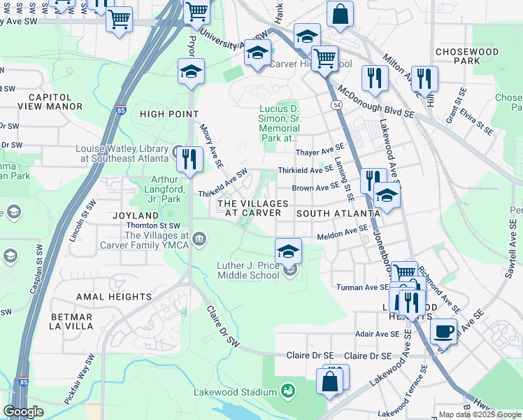 map of restaurants, bars, coffee shops, grocery stores, and more near 156 Moury Avenue Southeast in Atlanta