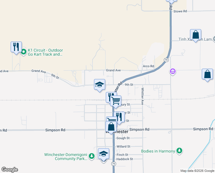 map of restaurants, bars, coffee shops, grocery stores, and more near 32935 9th Street in Winchester