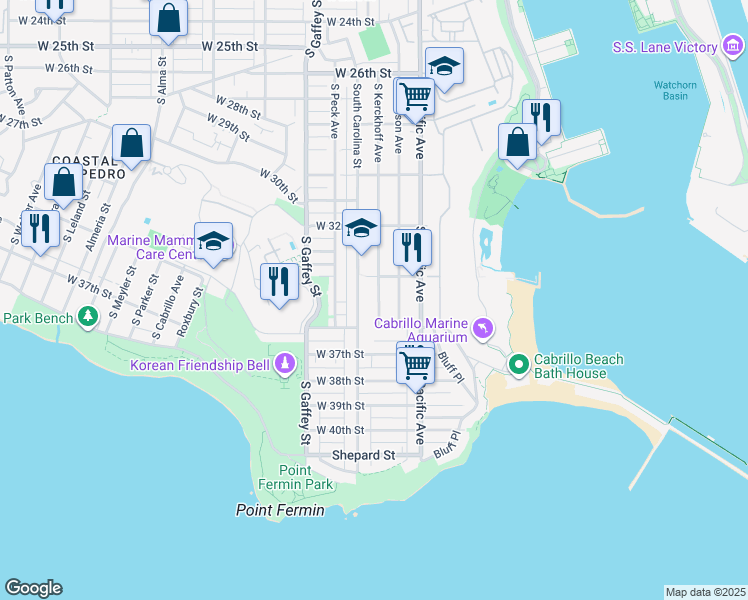 map of restaurants, bars, coffee shops, grocery stores, and more near 3441 South Kerckhoff Avenue in Los Angeles