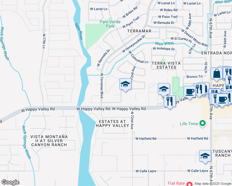 map of restaurants, bars, coffee shops, grocery stores, and more near 7310 West Buckskin Trail in Peoria