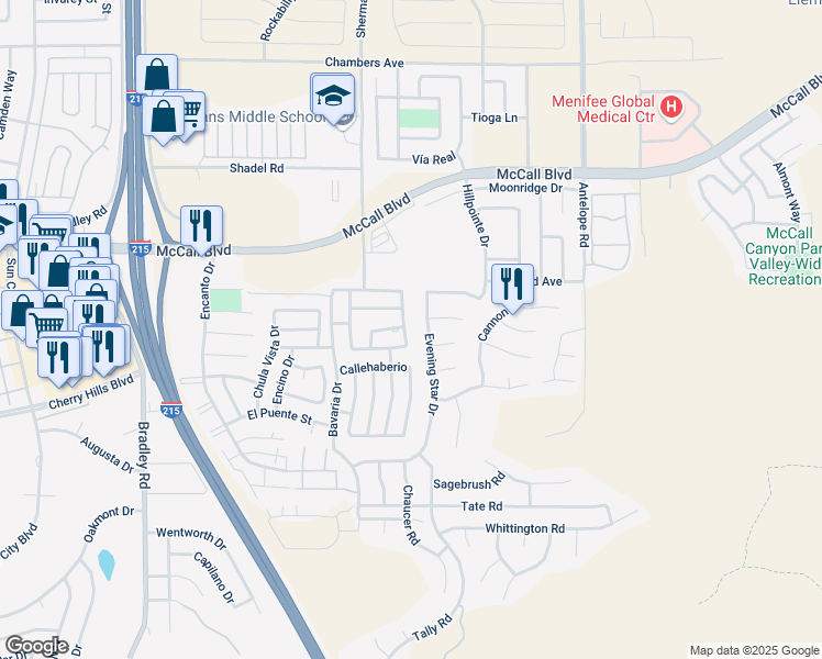 map of restaurants, bars, coffee shops, grocery stores, and more near 28122 Calle Vallarta in Menifee