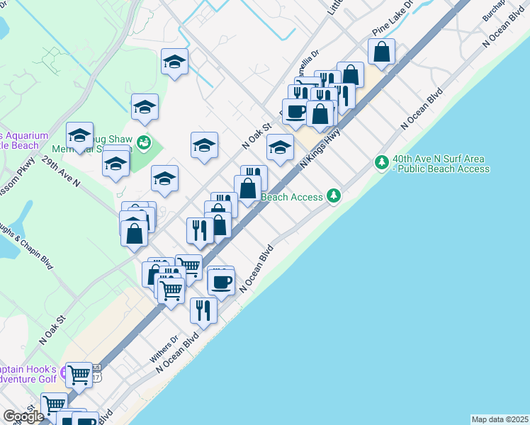 map of restaurants, bars, coffee shops, grocery stores, and more near 3400 North Kings Highway in Myrtle Beach