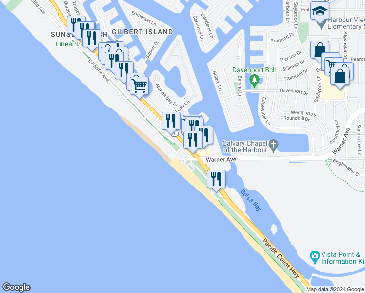 map of restaurants, bars, coffee shops, grocery stores, and more near 17181 Pacific Coast Highway in Huntington Beach