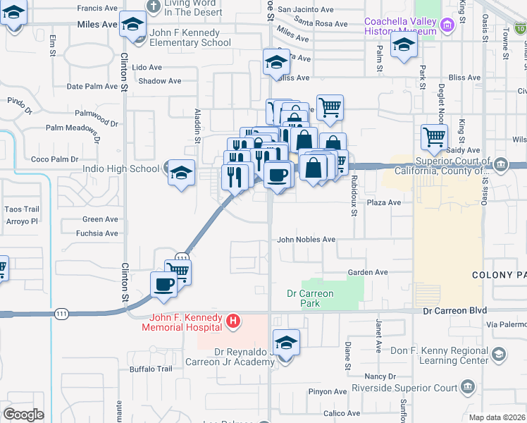 map of restaurants, bars, coffee shops, grocery stores, and more near 46319 Monroe Street in Indio