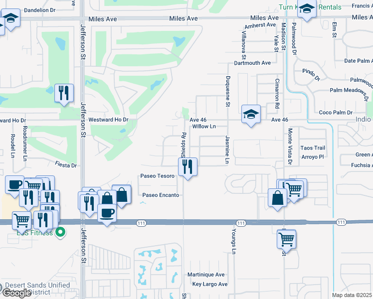 map of restaurants, bars, coffee shops, grocery stores, and more near 46293 Willow Lane in Indio