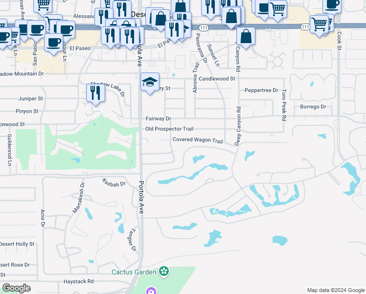 map of restaurants, bars, coffee shops, grocery stores, and more near 74150 Quail Lakes Drive in Indian Wells