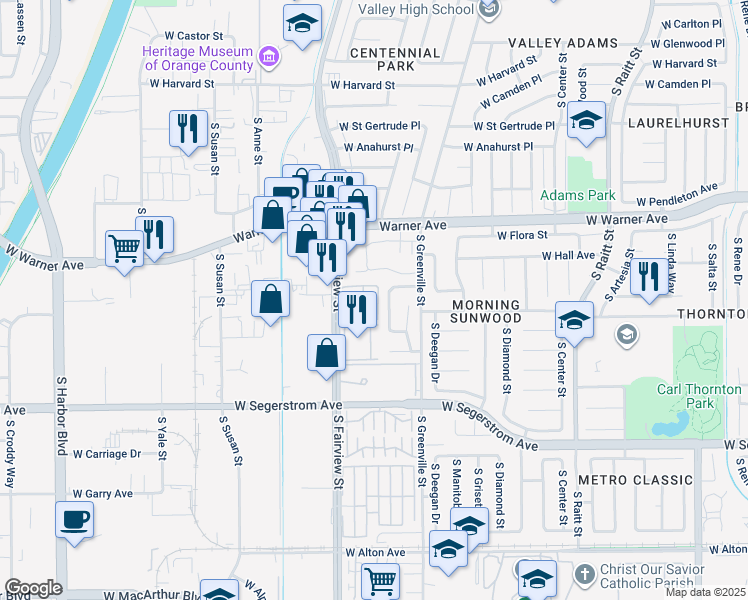 map of restaurants, bars, coffee shops, grocery stores, and more near 2609 South Fairview Street in Santa Ana