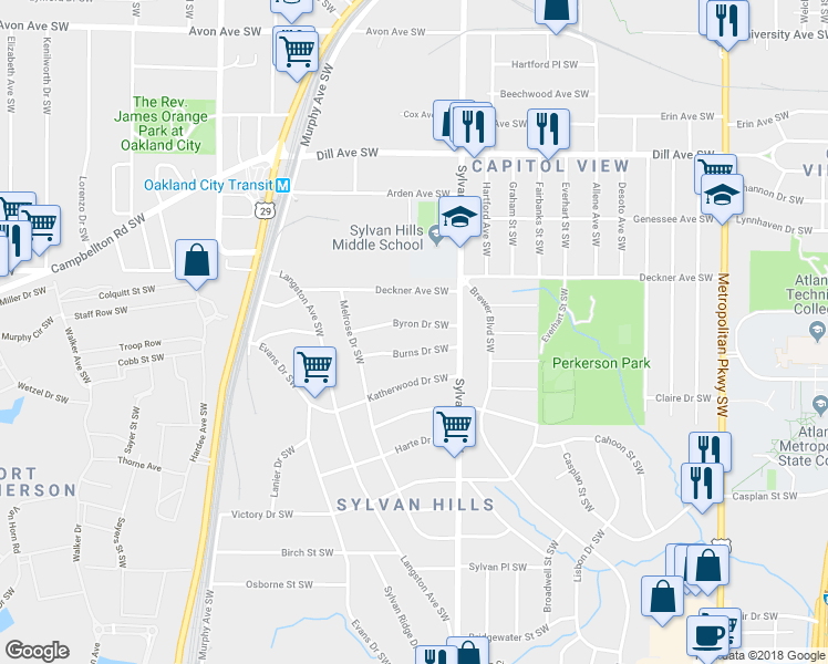 map of restaurants, bars, coffee shops, grocery stores, and more near 968 Byron Dr SW in Atlanta