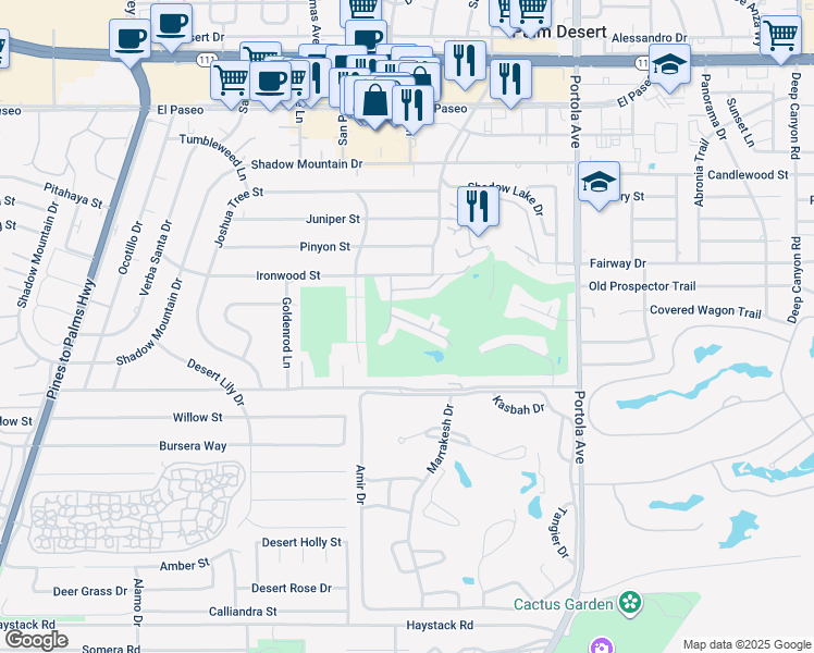 map of restaurants, bars, coffee shops, grocery stores, and more near 73611 Golf Course Lane in Palm Desert