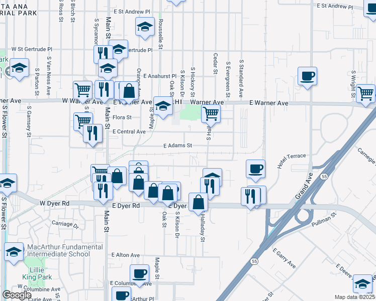 map of restaurants, bars, coffee shops, grocery stores, and more near 508 East Adams Street in Santa Ana