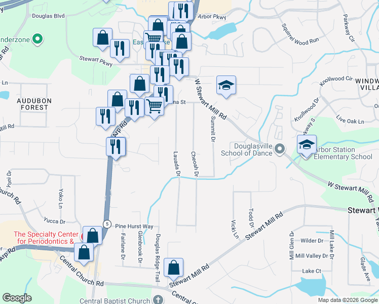 map of restaurants, bars, coffee shops, grocery stores, and more near 3918 Cheoah Drive in Douglasville