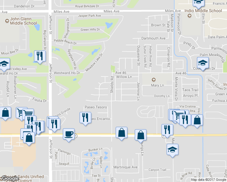map of restaurants, bars, coffee shops, grocery stores, and more near 46293 Willow Lane in Indio