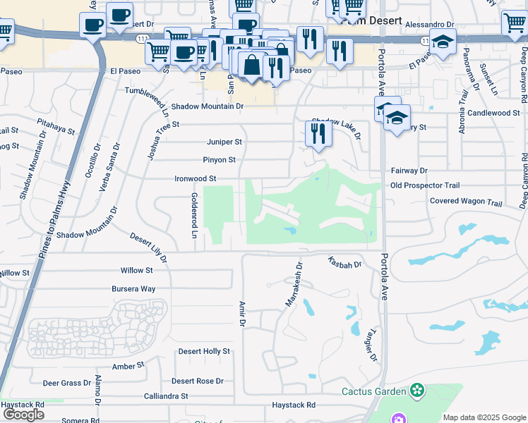 map of restaurants, bars, coffee shops, grocery stores, and more near 46200 Cottage Lane in Palm Desert