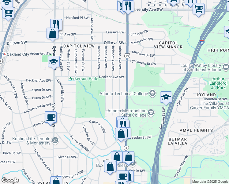 map of restaurants, bars, coffee shops, grocery stores, and more near 1558 Belmont Ave SW in Atlanta