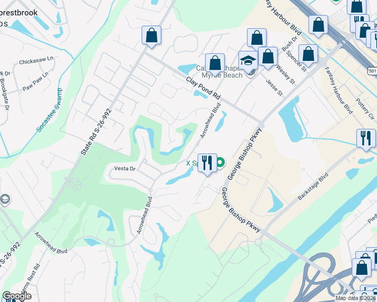 map of restaurants, bars, coffee shops, grocery stores, and more near 3492 Arrowhead Boulevard in Myrtle Beach