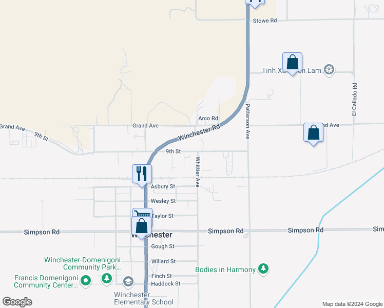 map of restaurants, bars, coffee shops, grocery stores, and more near 33245 9th Street in Winchester