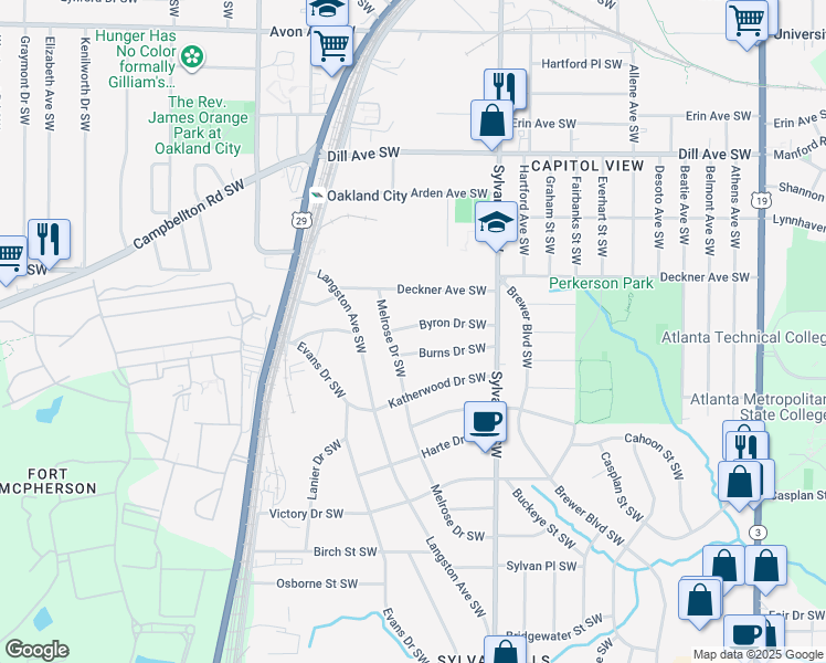 map of restaurants, bars, coffee shops, grocery stores, and more near 1018 Byron Drive Southwest in Atlanta