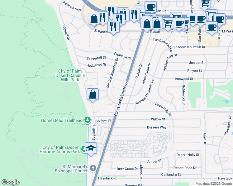 map of restaurants, bars, coffee shops, grocery stores, and more near 46187 California 74 in Palm Desert