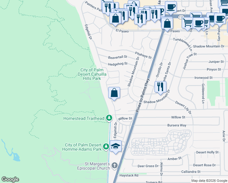 map of restaurants, bars, coffee shops, grocery stores, and more near 72740 Yucca Court in Palm Desert