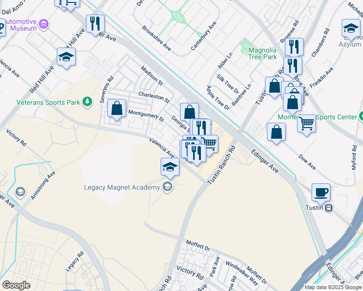 map of restaurants, bars, coffee shops, grocery stores, and more near 15236 Cambridge Street in Tustin