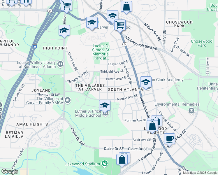 map of restaurants, bars, coffee shops, grocery stores, and more near 82 Moury Avenue Southeast in Atlanta