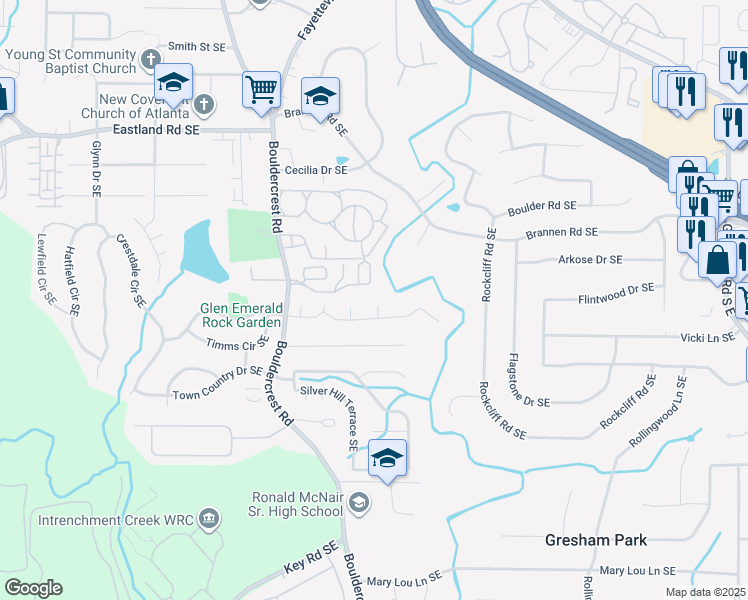 map of restaurants, bars, coffee shops, grocery stores, and more near 2601 Clifton Run Trce in Atlanta