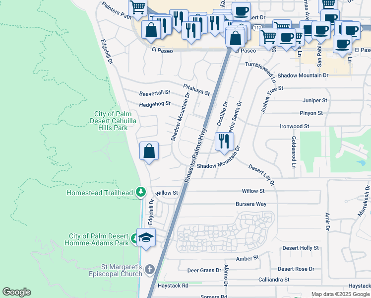 map of restaurants, bars, coffee shops, grocery stores, and more near 46183 California 74 in Palm Desert