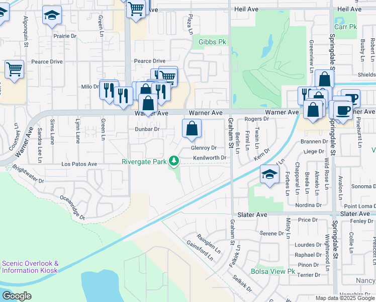 map of restaurants, bars, coffee shops, grocery stores, and more near 5262 Glenroy Drive in Huntington Beach