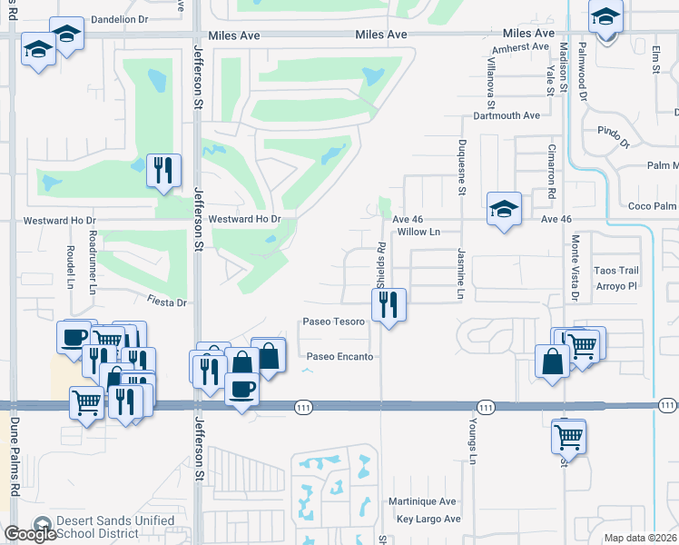 map of restaurants, bars, coffee shops, grocery stores, and more near 80383 Sabita Drive in Indio