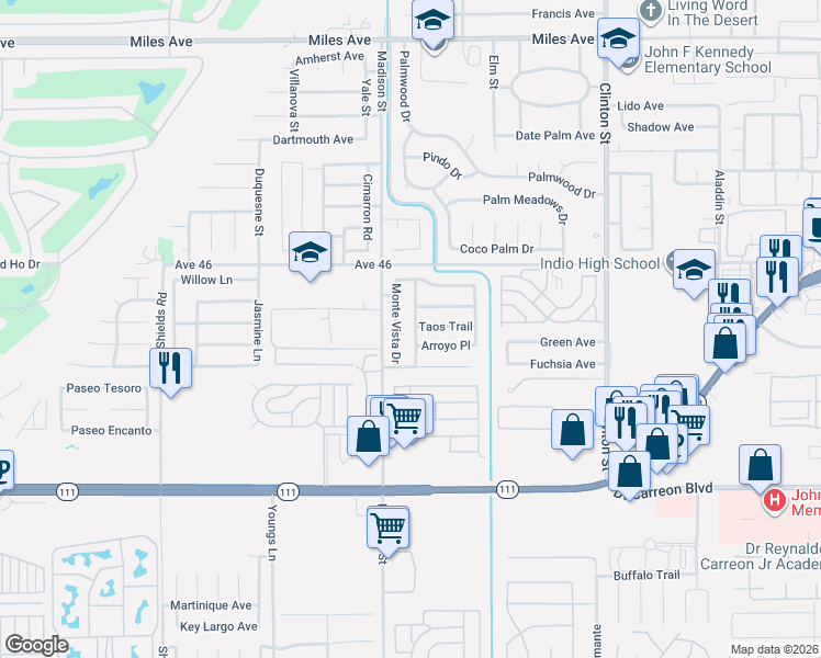 map of restaurants, bars, coffee shops, grocery stores, and more near 81093 Taos Trail in Indio