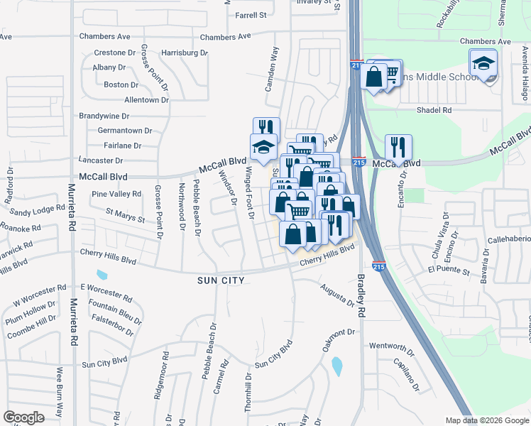 map of restaurants, bars, coffee shops, grocery stores, and more near 28096 Winged Foot Drive in Menifee