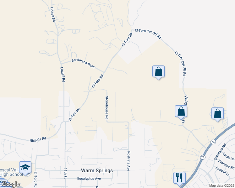 map of restaurants, bars, coffee shops, grocery stores, and more near Stonehouse Road in Lake Elsinore