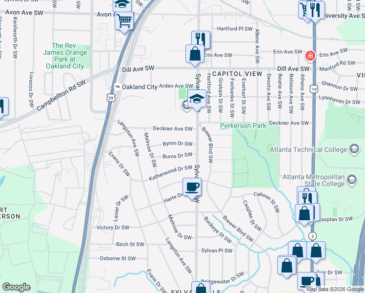 map of restaurants, bars, coffee shops, grocery stores, and more near 968 Byron Drive Southwest in Atlanta