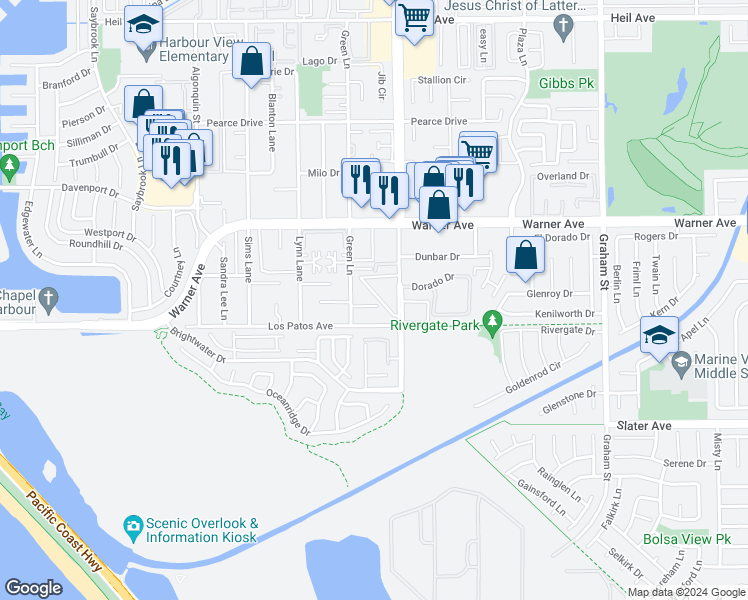 map of restaurants, bars, coffee shops, grocery stores, and more near 4931 Seapine Circle in Huntington Beach
