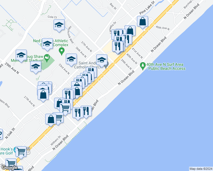 map of restaurants, bars, coffee shops, grocery stores, and more near 405 35th Avenue North in Myrtle Beach