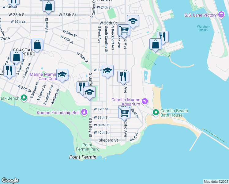 map of restaurants, bars, coffee shops, grocery stores, and more near 3436 South Kerckhoff Avenue in Los Angeles