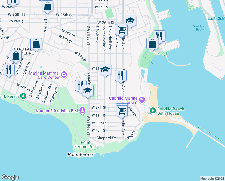 map of restaurants, bars, coffee shops, grocery stores, and more near 3437 South Kerckhoff Avenue in Los Angeles