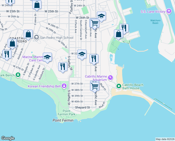 map of restaurants, bars, coffee shops, grocery stores, and more near 3436 South Kerckhoff Avenue in Los Angeles