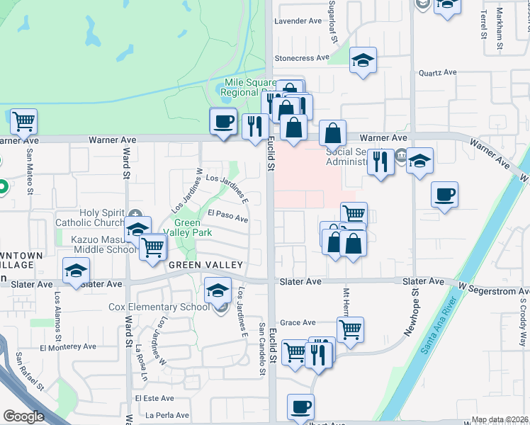 map of restaurants, bars, coffee shops, grocery stores, and more near 17251 Euclid Street in Fountain Valley