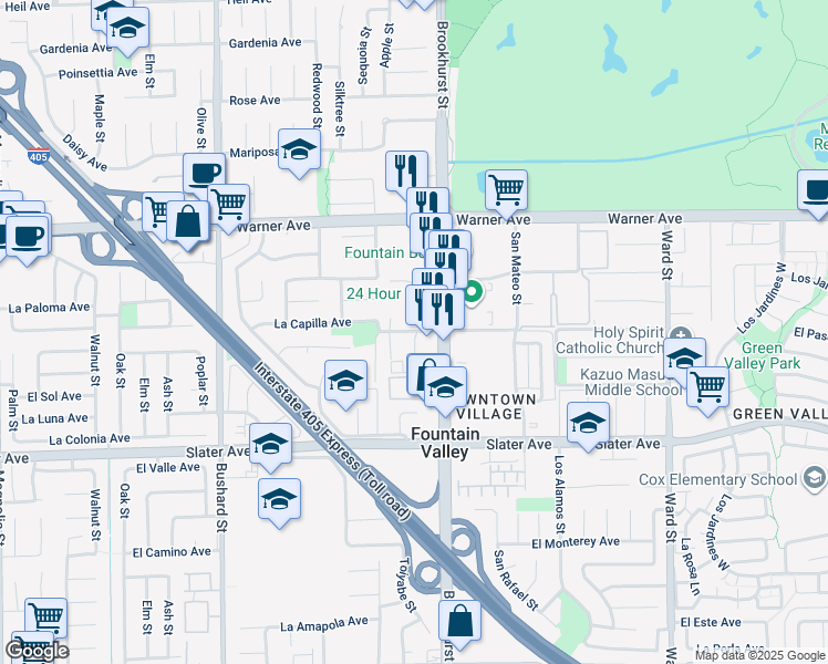 map of restaurants, bars, coffee shops, grocery stores, and more near 9923 La Alameda Avenue in Fountain Valley