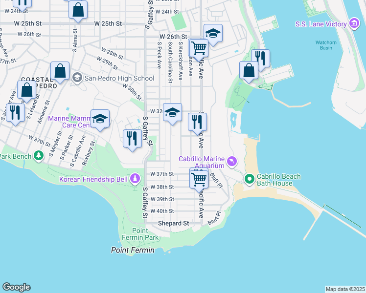 map of restaurants, bars, coffee shops, grocery stores, and more near 3441 South Kerckhoff Avenue in Los Angeles