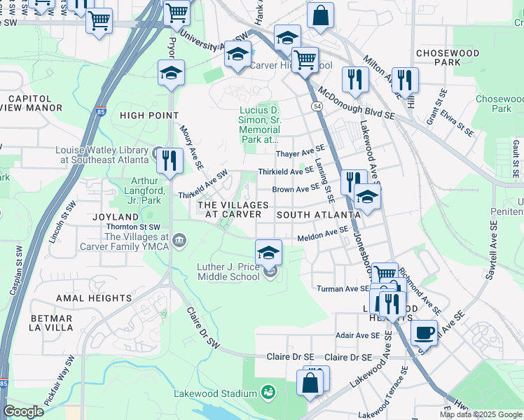 map of restaurants, bars, coffee shops, grocery stores, and more near 156 Moury Avenue Southeast in Atlanta