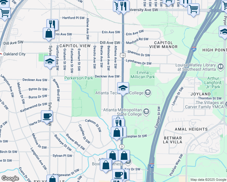 map of restaurants, bars, coffee shops, grocery stores, and more near 1558 Belmont Avenue Southwest in Atlanta