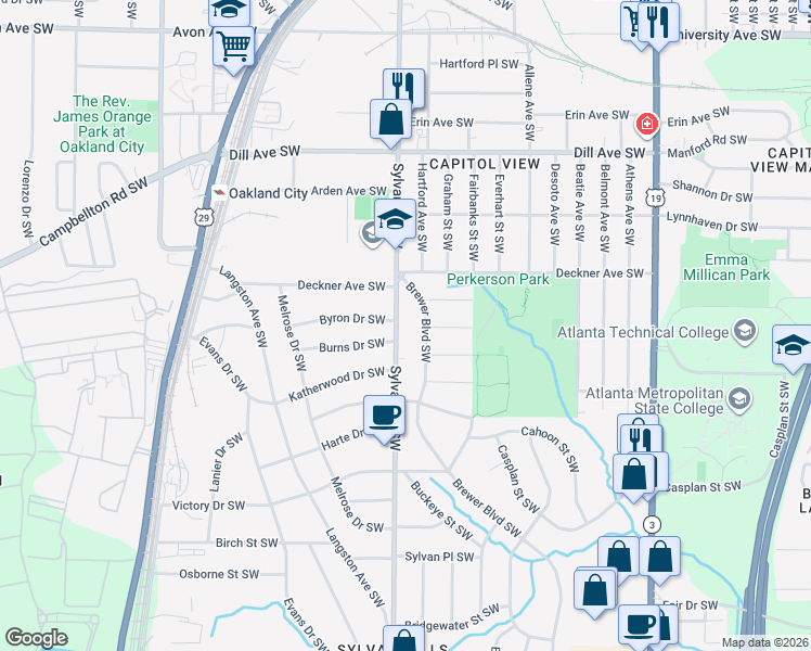 map of restaurants, bars, coffee shops, grocery stores, and more near 1553 Sylvan Road Southwest in Atlanta