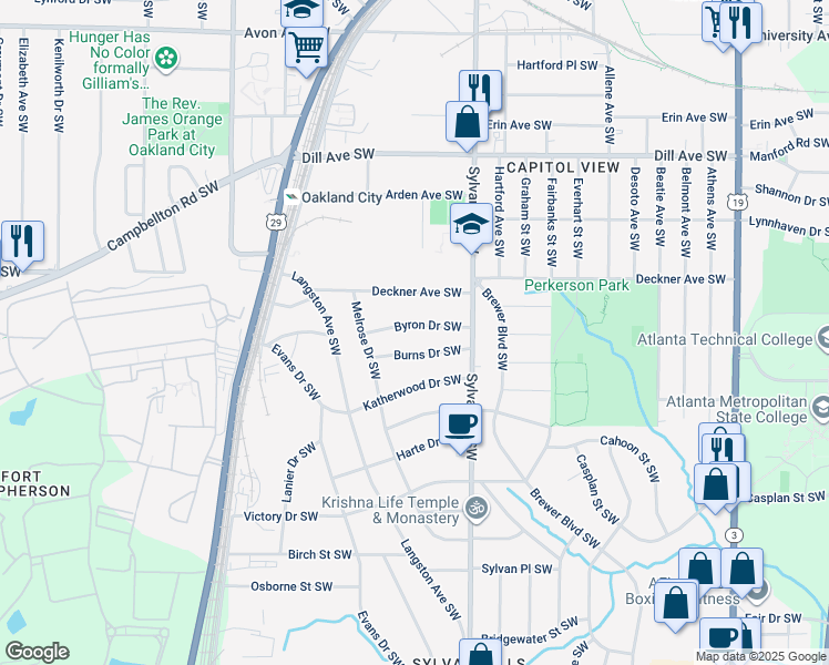 map of restaurants, bars, coffee shops, grocery stores, and more near 968 Byron Drive Southwest in Atlanta