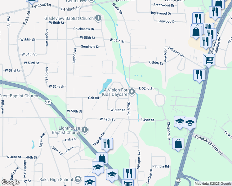 map of restaurants, bars, coffee shops, grocery stores, and more near 5108 Shane Drive in Anniston