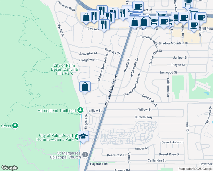 map of restaurants, bars, coffee shops, grocery stores, and more near 46183 California 74 in Palm Desert