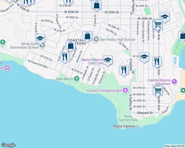 map of restaurants, bars, coffee shops, grocery stores, and more near 3644 South Parker Street in Los Angeles