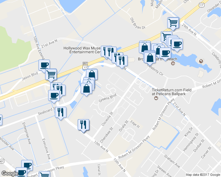map of restaurants, bars, coffee shops, grocery stores, and more near 401 Chesterfield Court in Myrtle Beach
