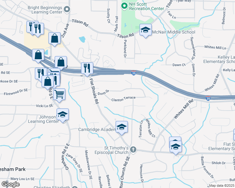 map of restaurants, bars, coffee shops, grocery stores, and more near 2181 Doris Drive in Decatur